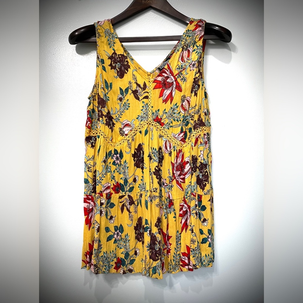 Angie Tiered Boho Sleeveless Top - Funky Hippie Floral on Yellow Sz. Large EUC
